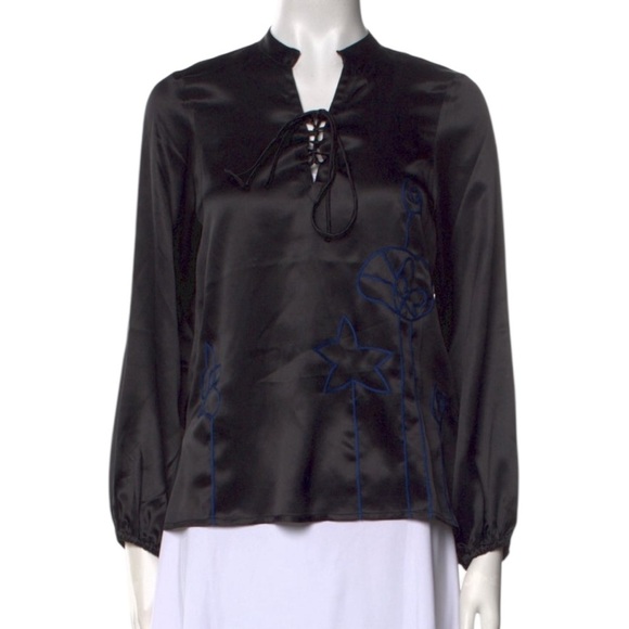 NWT Lingua Franca Embroidered Hudson 100% Silk Long Sleeve Popover Black Size S - Picture 6 of 16